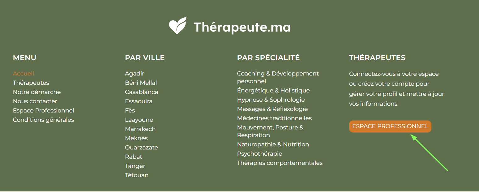Bouton Espace professionnel dans le pied de page