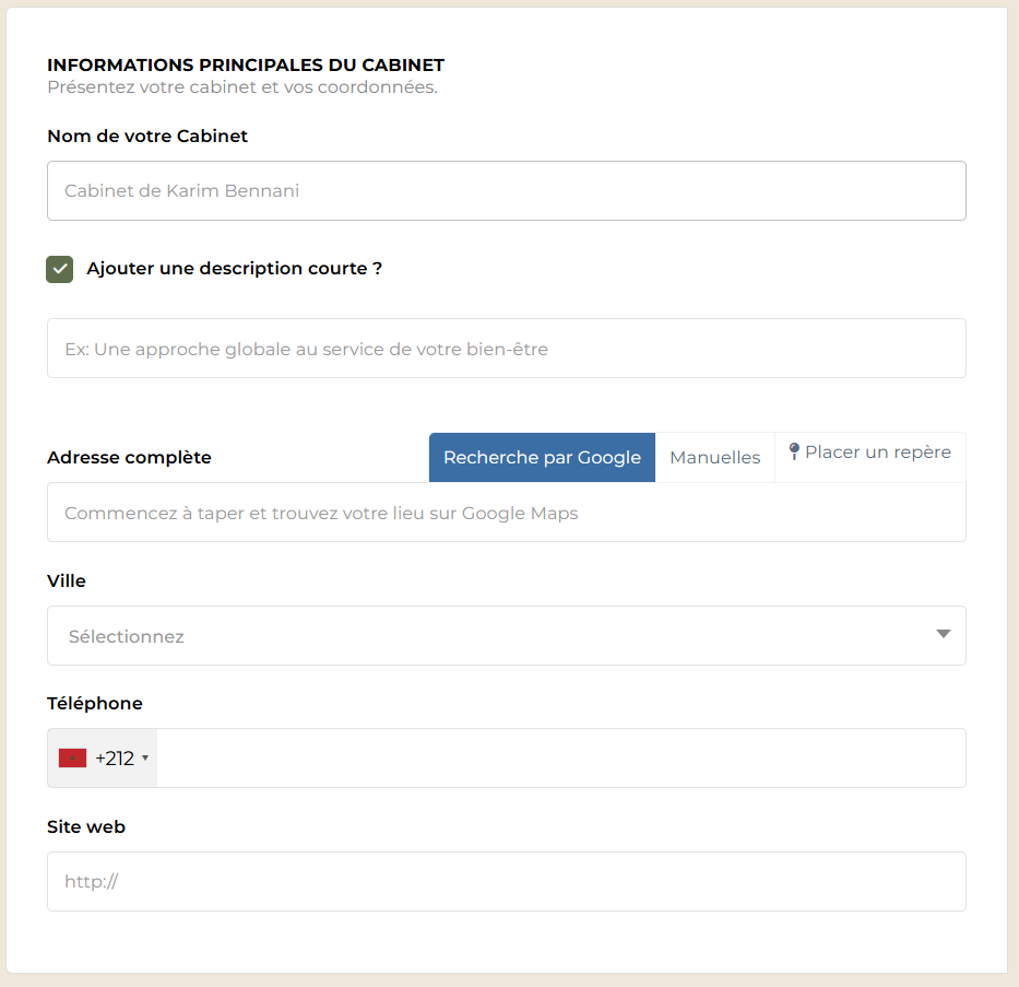 Informations principales du cabinet