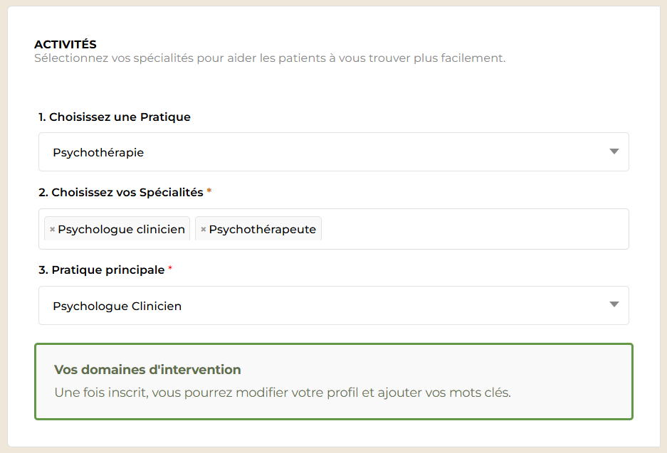 Activités : pratique, spécialités, pratique principale