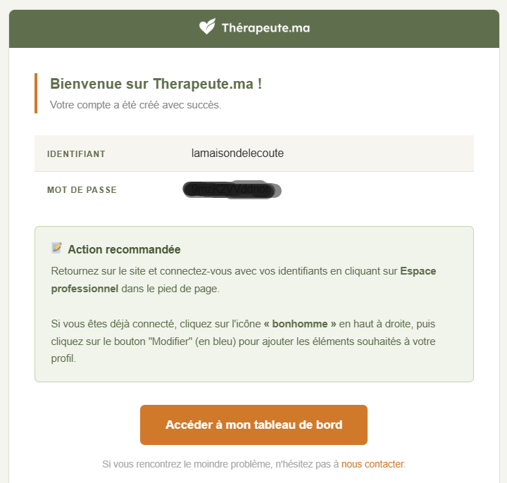 Email de bienvenue avec identifiants