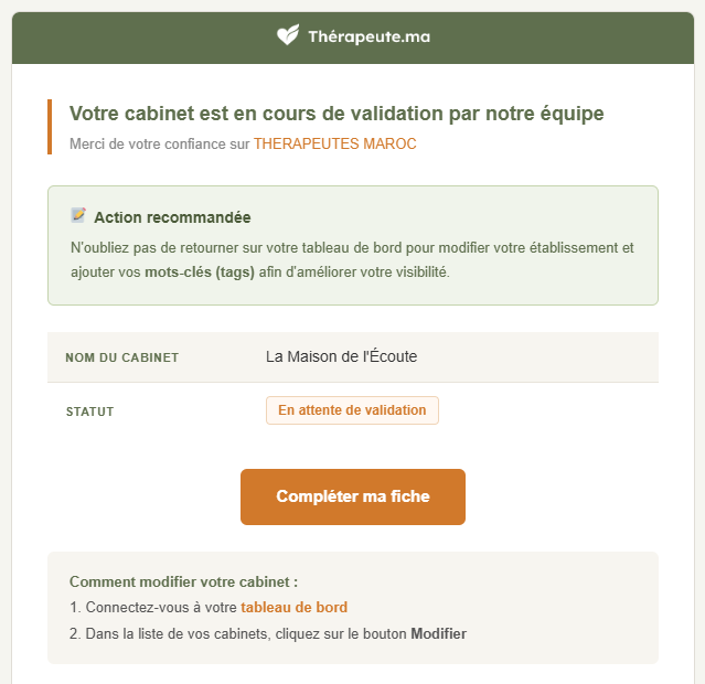 Email cabinet en attente de validation