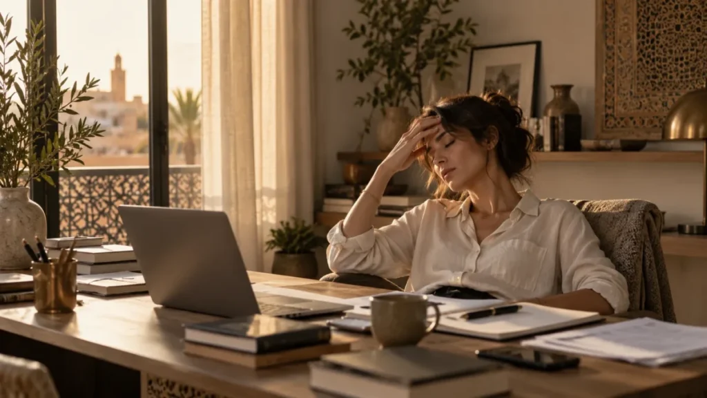 Personne fatiguée à son bureau en fin de journée, illustrant l’épuisement professionnel.