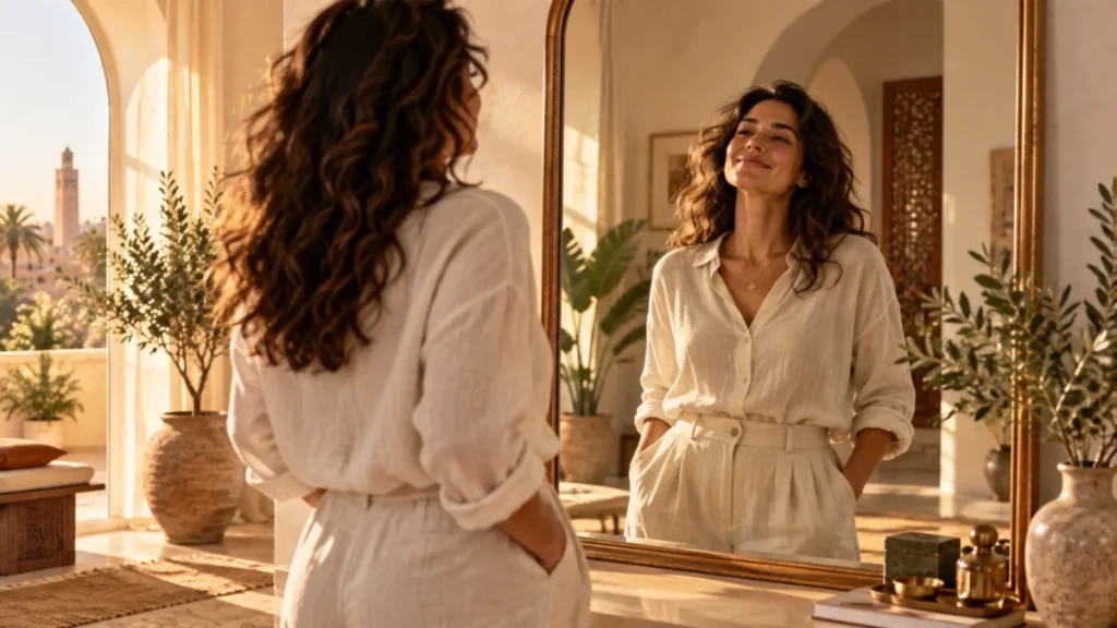 Personne se regardant dans un miroir avec une posture calme et assurée, illustrant le travail sur la confiance en soi.