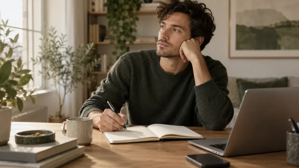 Personne devant un carnet ouvert, hésitant avant de commencer une tâche, illustrant la procrastination.