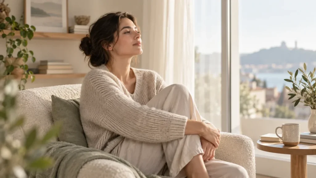 Personne dans un moment calme et lumineux, illustrant un accompagnement face au stress et à l’anxiété.