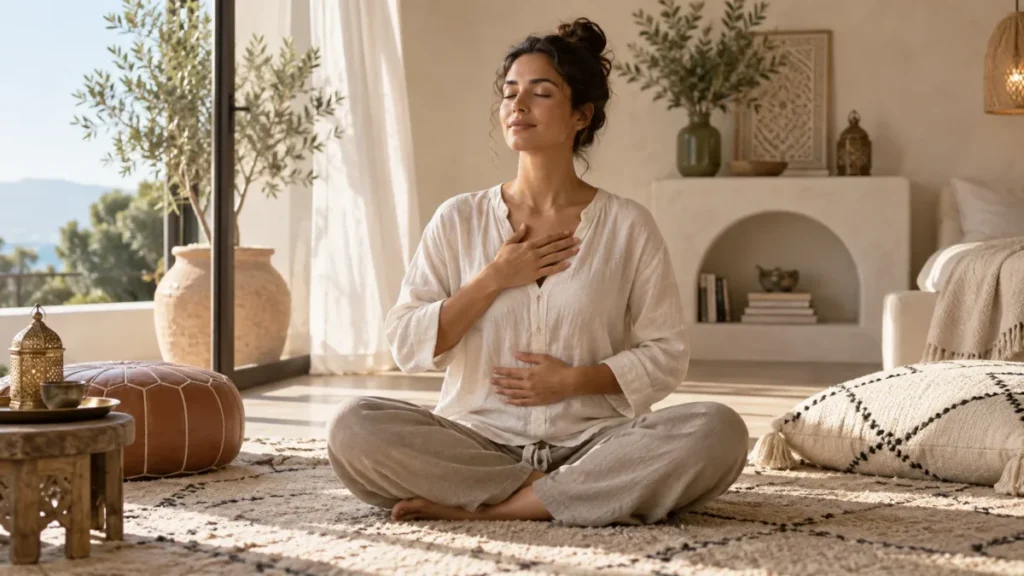 Personne assise les yeux fermés, une main sur la poitrine et l’autre sur le ventre, dans un moment de respiration calme.